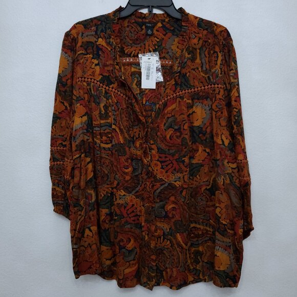 Intro Rust Multi Abstract Paisley Button Front Long Sleeve Women's Tunic Top XL - Picture 2 of 12